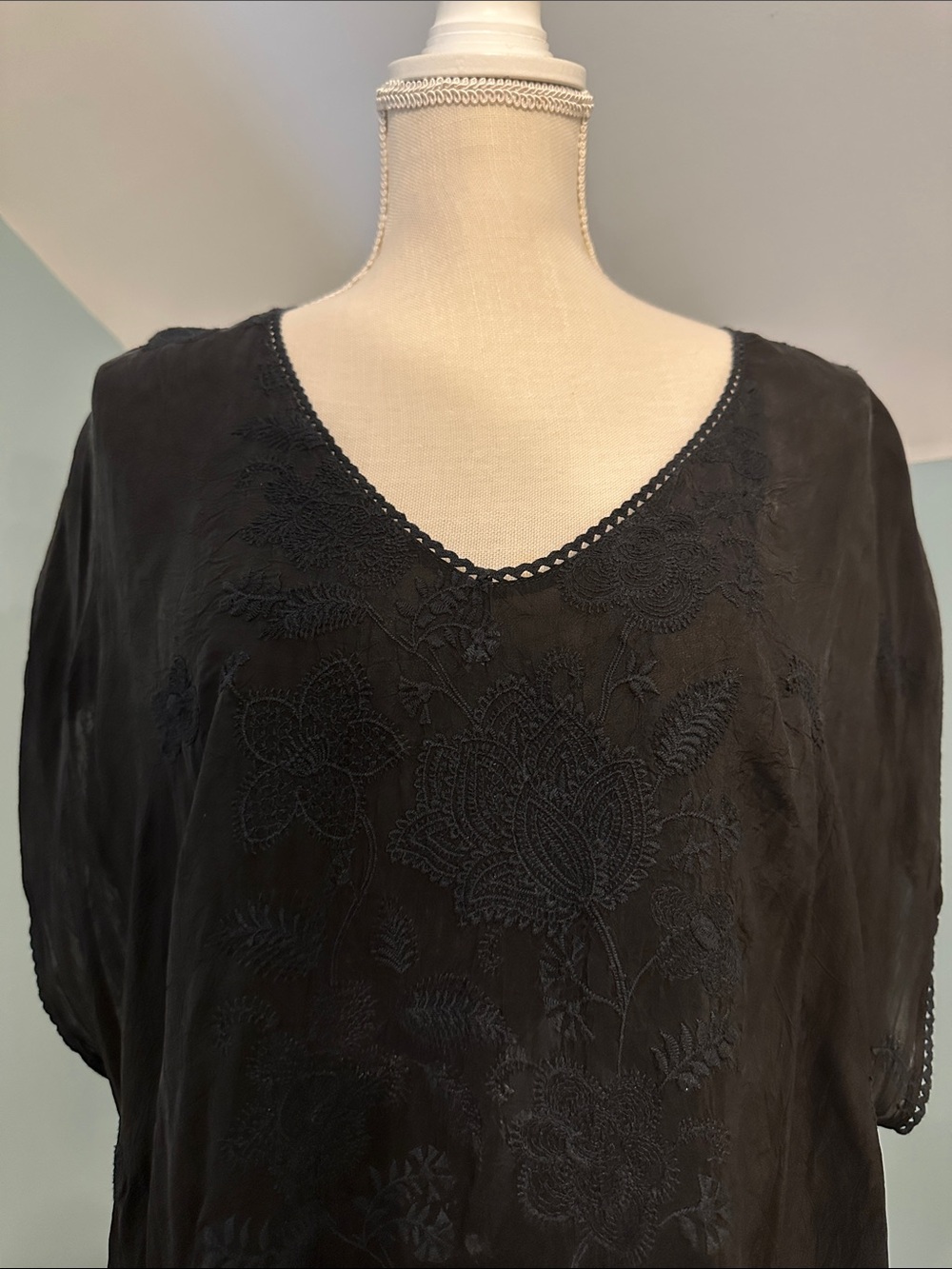 Johnny Was Black Embroidered V-Neck Tunic